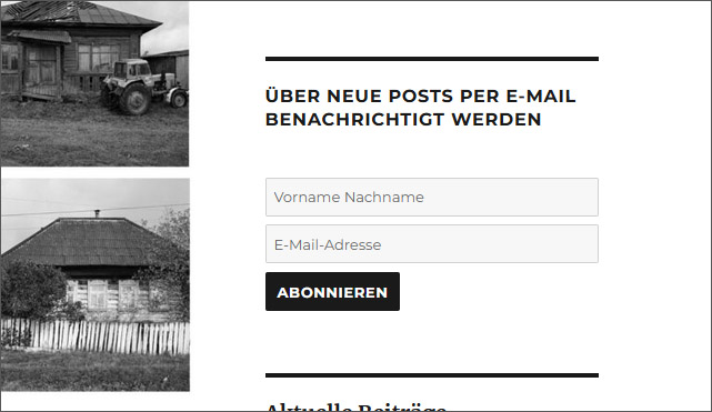 Screenshot: Blog »Grenzland zwischen Krieg und Frieden« – Über neue Posts per E-Mail benachrichtigt werden.